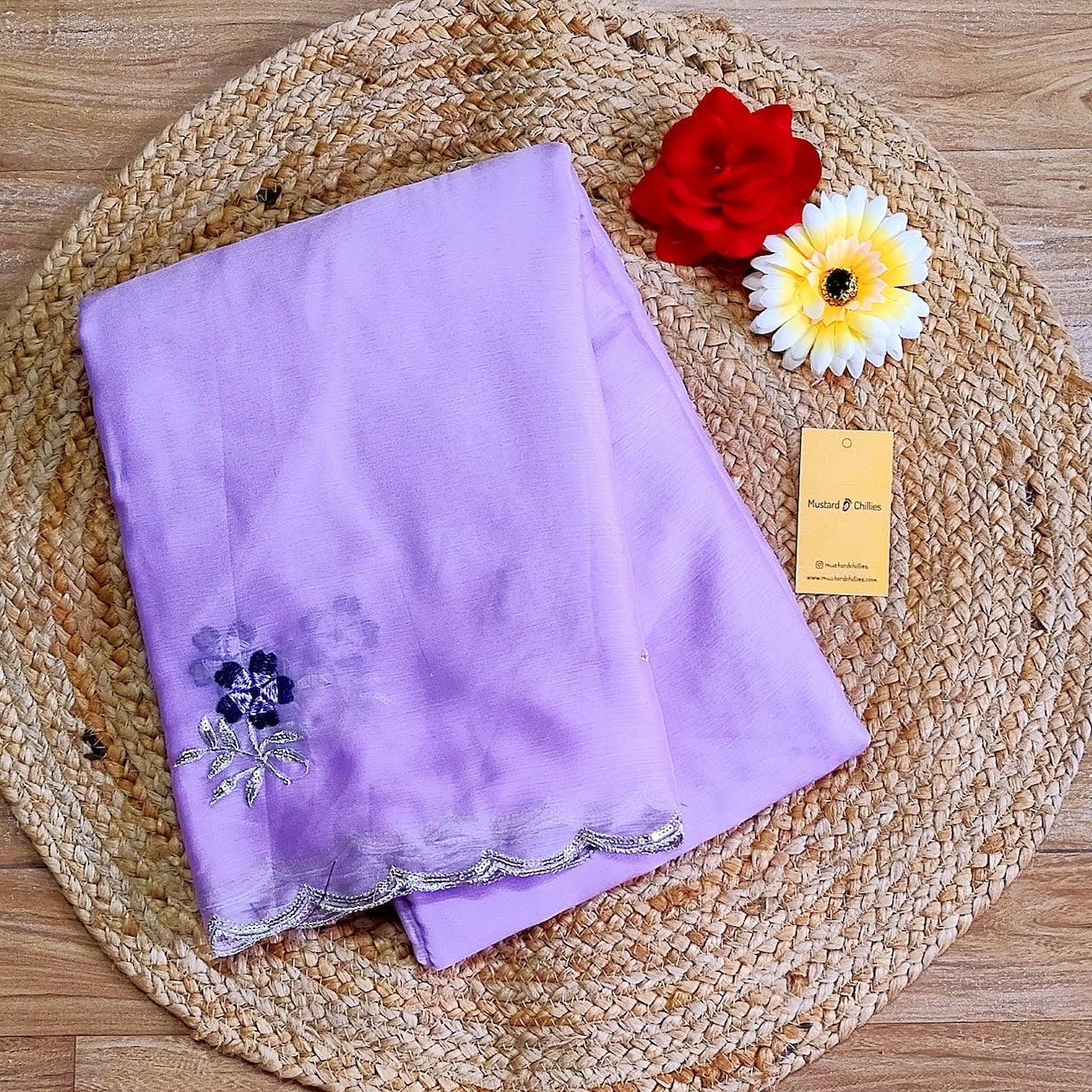 Crepe Satin Saree With Floral Embroidery (Lavender) and Blouse Piece