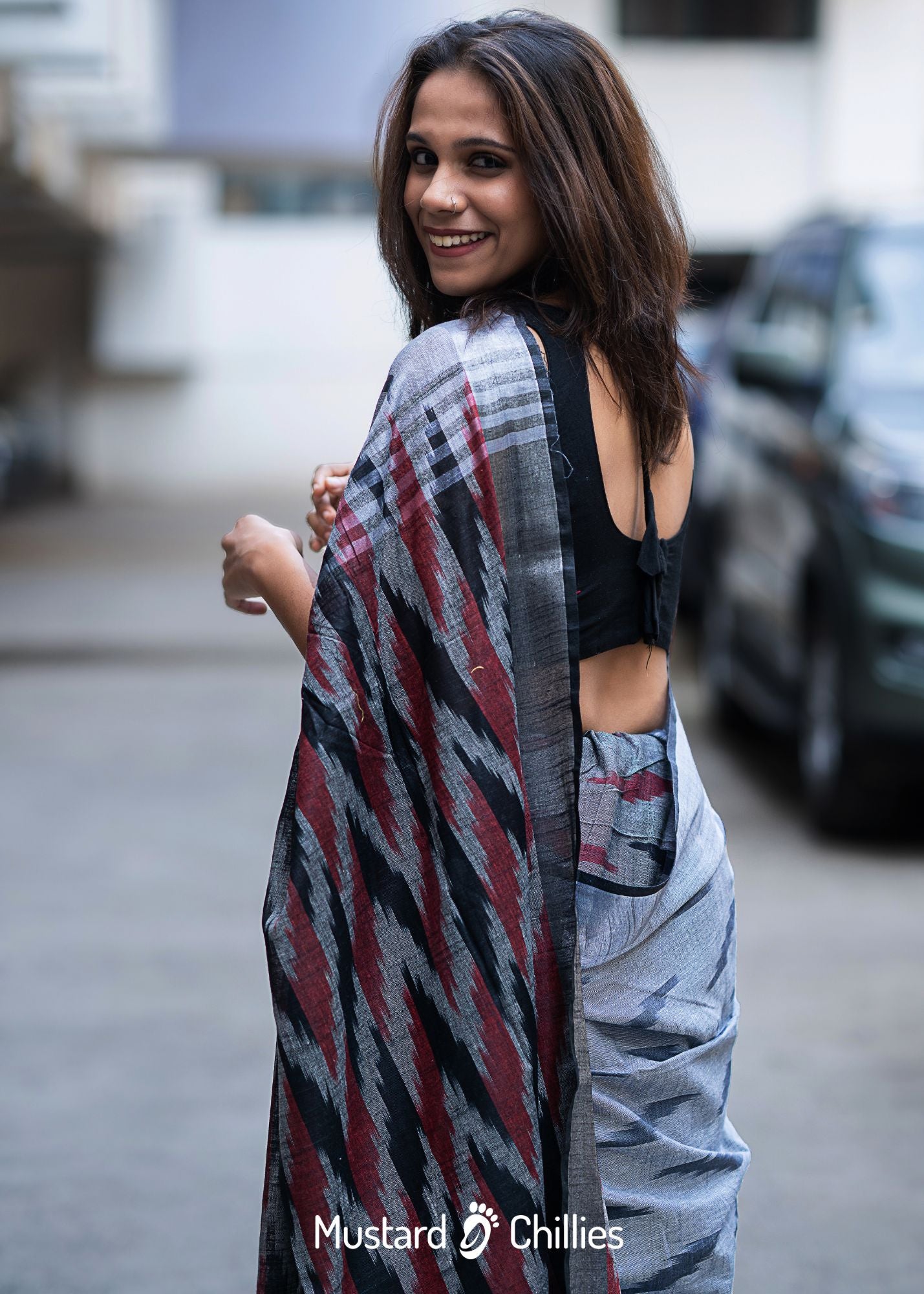 Linen Mix Ikkat Printed Saree (Black + Grey) and Blouse Piece