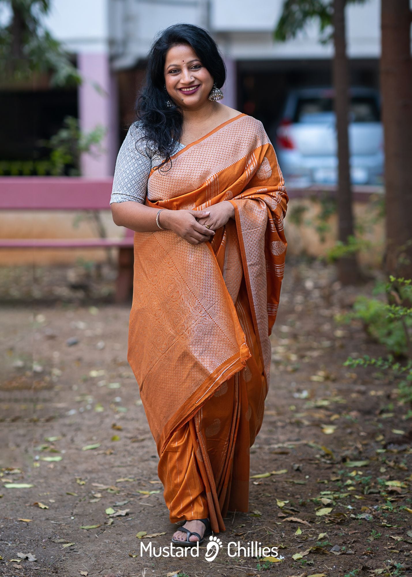 Soft Crepe Silk Saree (Orange) and Blouse Piece