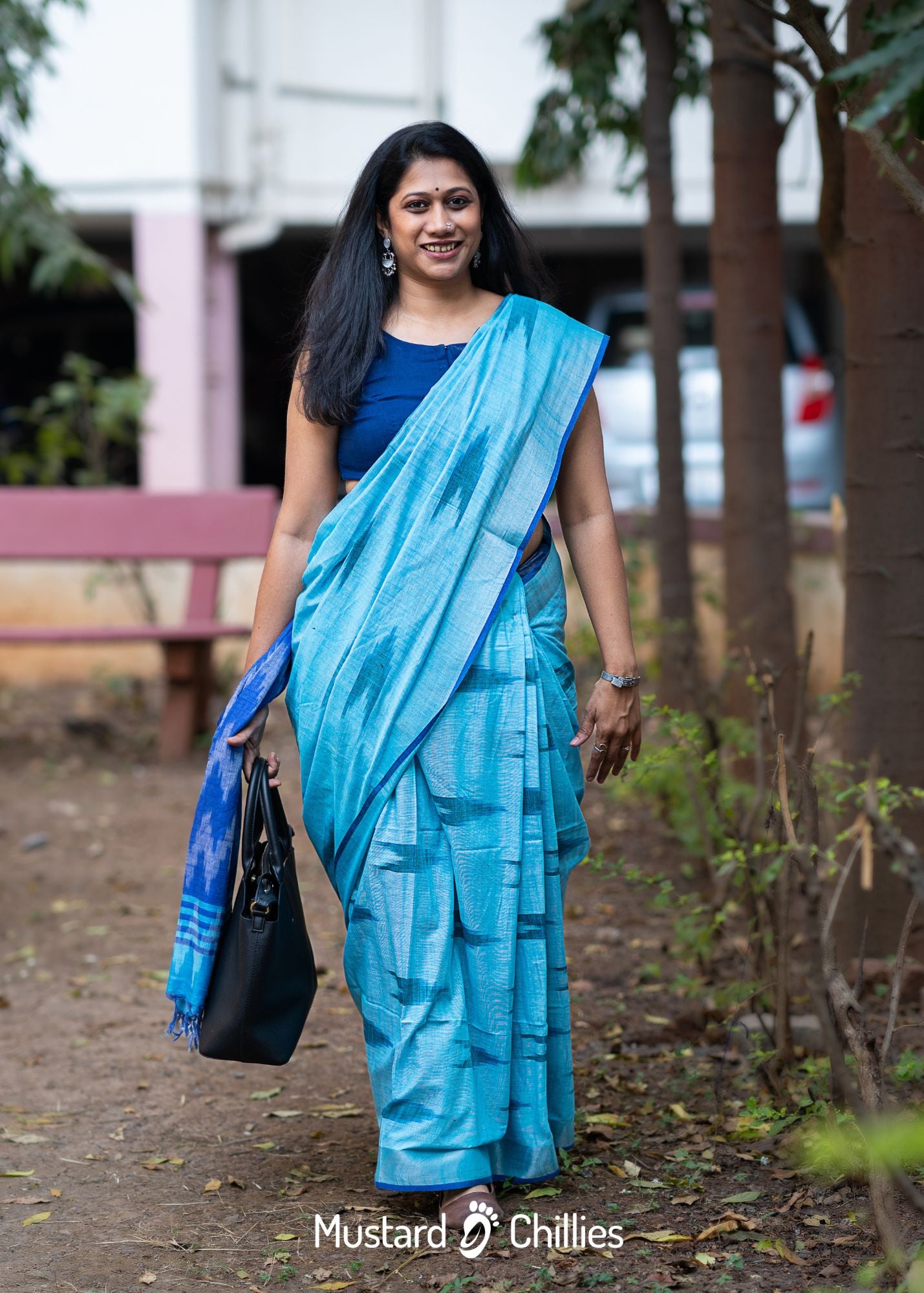 Linen Mix Ikkat Printed Saree (Black + Blue) and Blouse Piece
