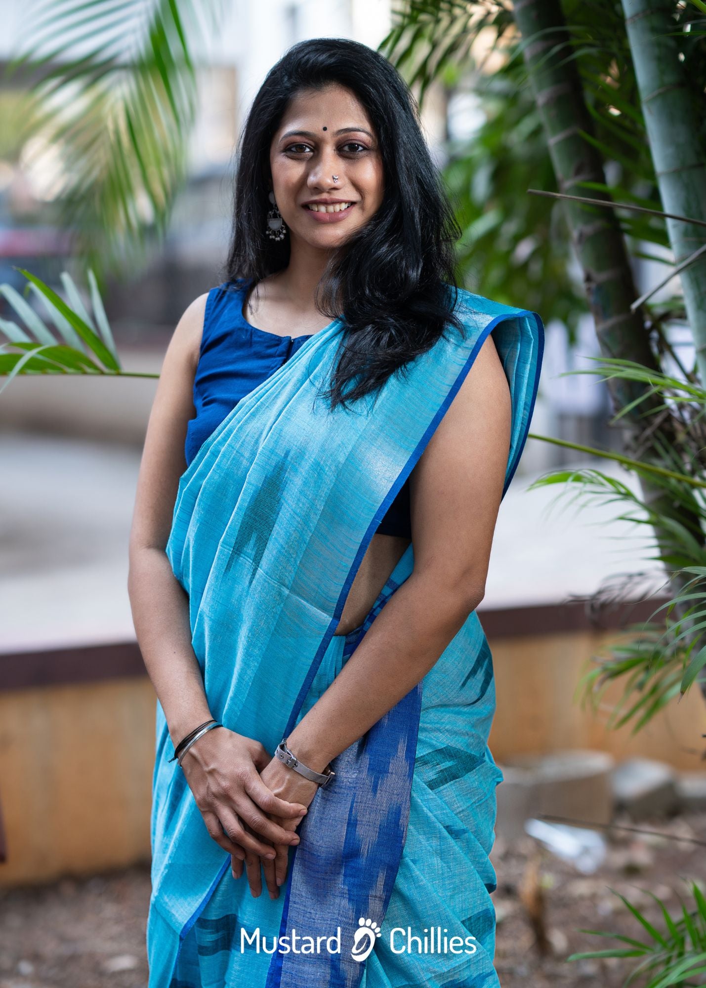 Linen Mix Ikkat Printed Saree (Black + Blue) and Blouse Piece