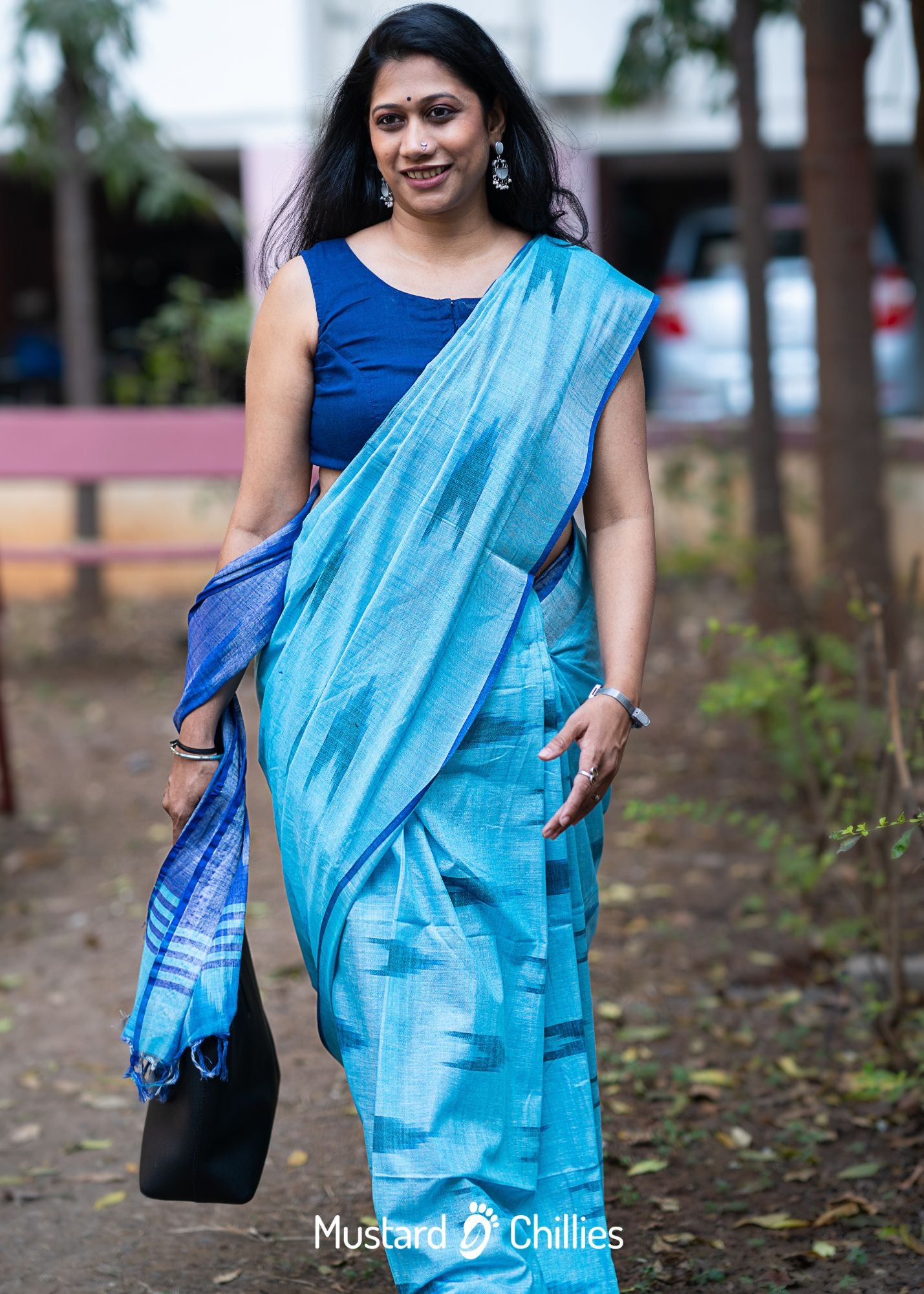 Linen Mix Ikkat Printed Saree (Black + Blue) and Blouse Piece