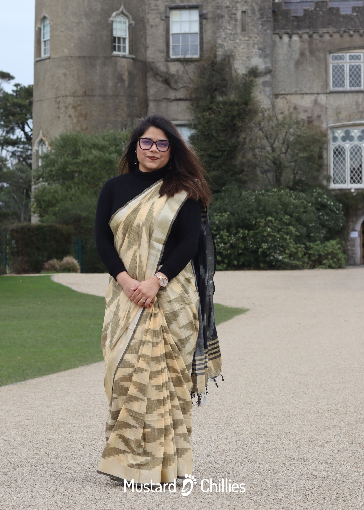 Linen Mix Ikkat Printed Saree (Black + Yellow) and Blouse Piece