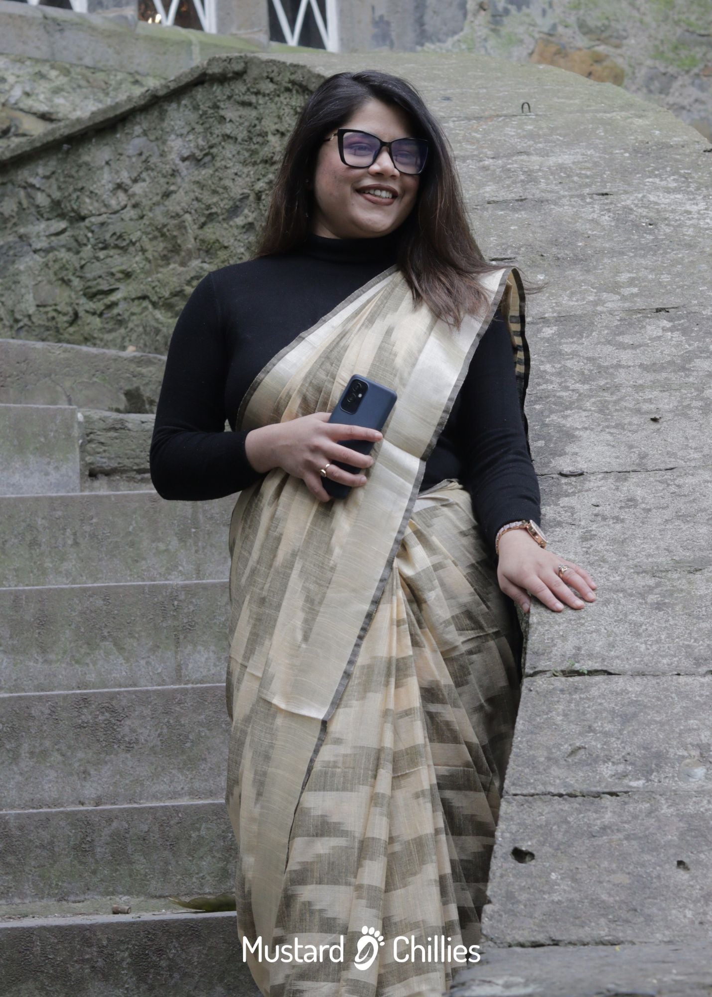 Linen Mix Ikkat Printed Saree (Black + Yellow) and Blouse Piece
