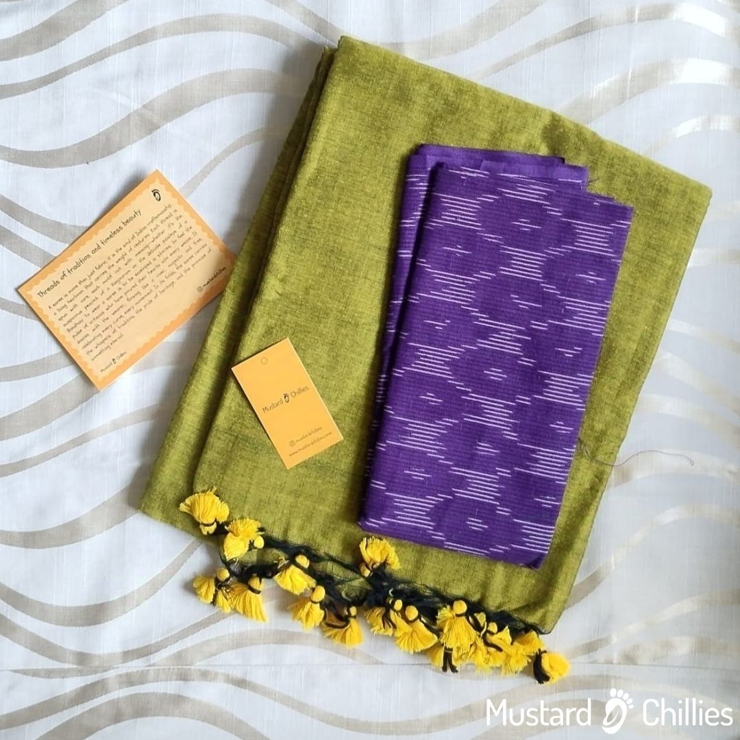 Cotton Mix Plain Saree (Parrot Green) and Printed Blouse Piece