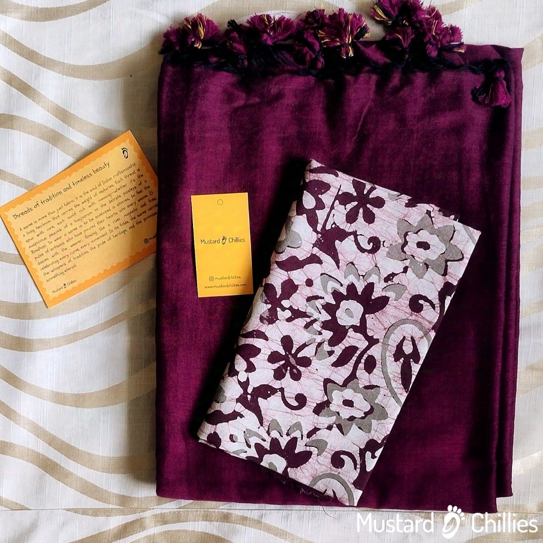 Cotton Mix Plain Saree (Wine Red) and Printed Blouse Piece