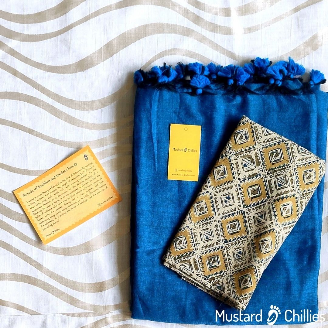 Cotton Mix Plain Saree (Sea Blue) and Printed Blouse Piece
