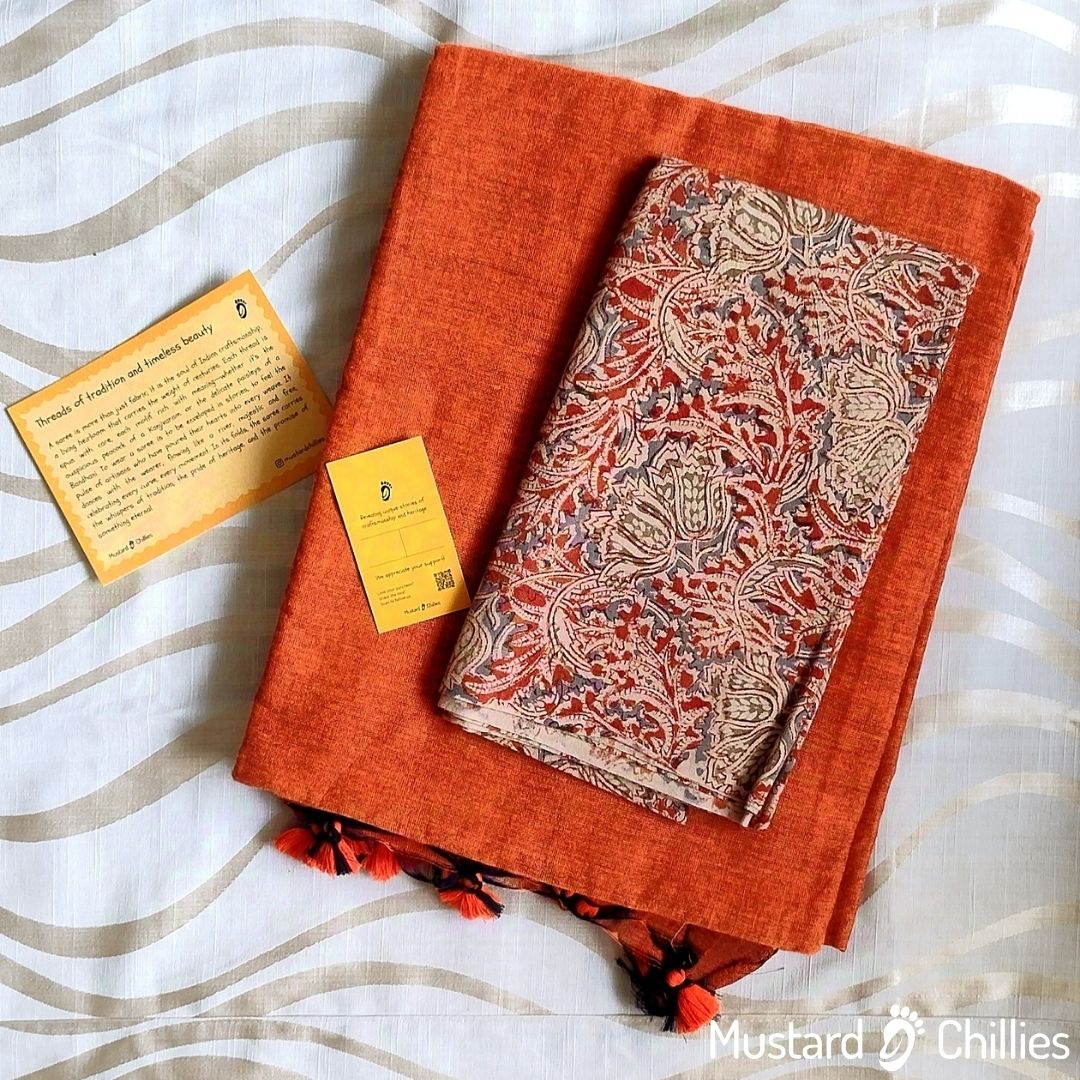 Cotton Mix Plain Saree (Orange) and Printed Blouse Piece