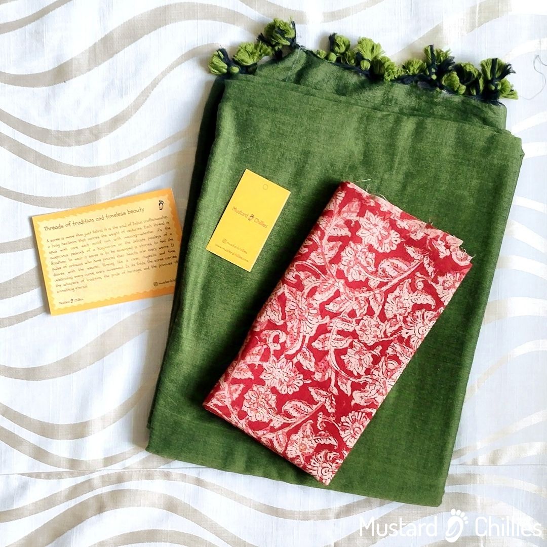 Cotton Mix Plain Saree (Moss) and Blouse Piece