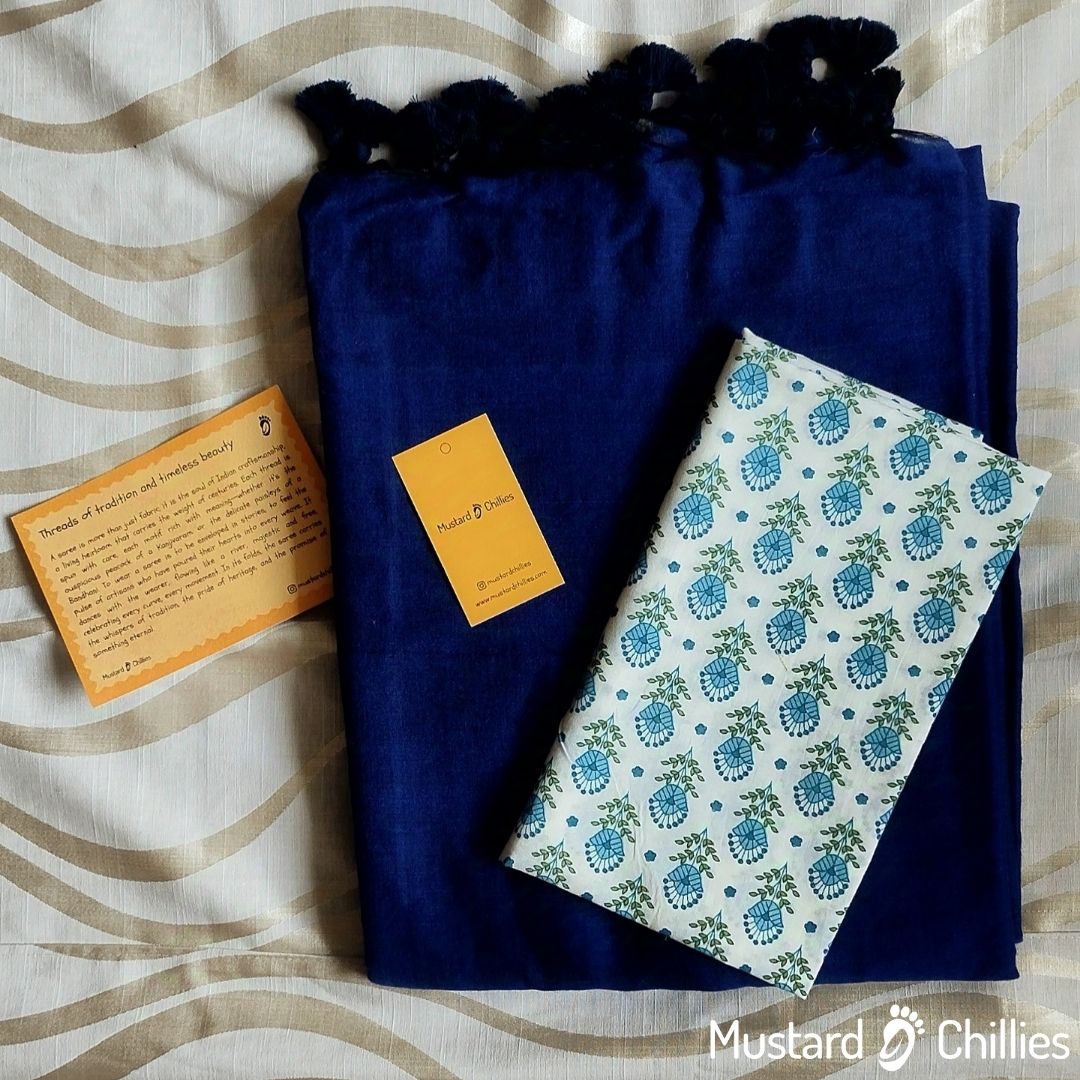 Cotton Mix Plain Saree (Dark Blue) and Printed Blouse Piece