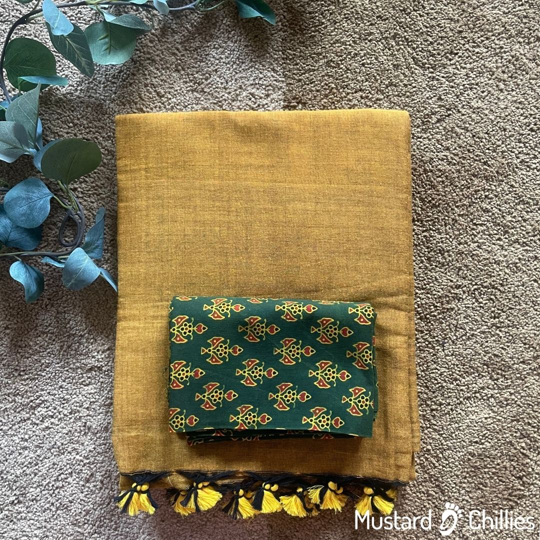 Cotton Mix Plain Saree (Mustard) and Blouse Piece