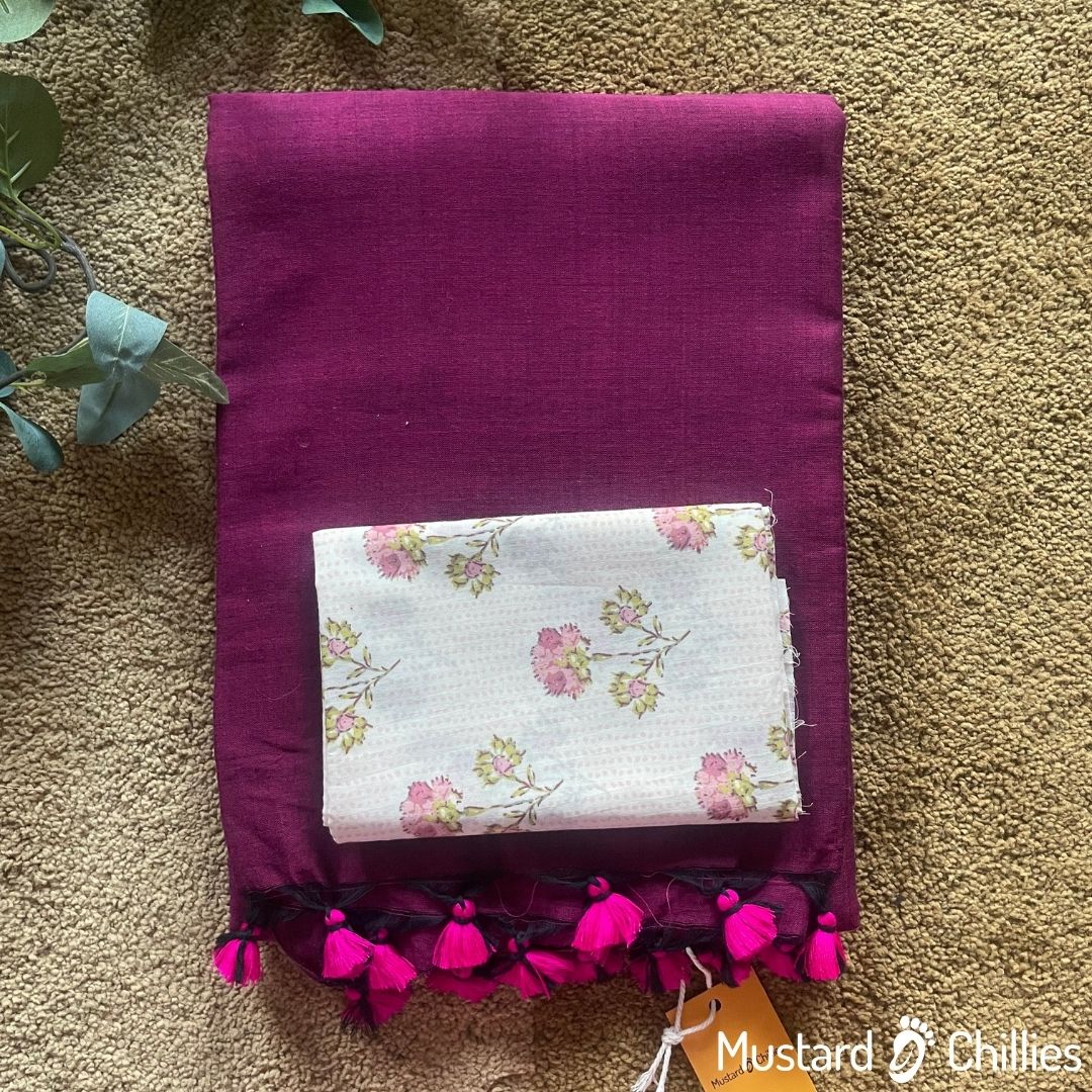 Cotton Mix Plain Saree (Rani Pink) and Printed Blouse Piece