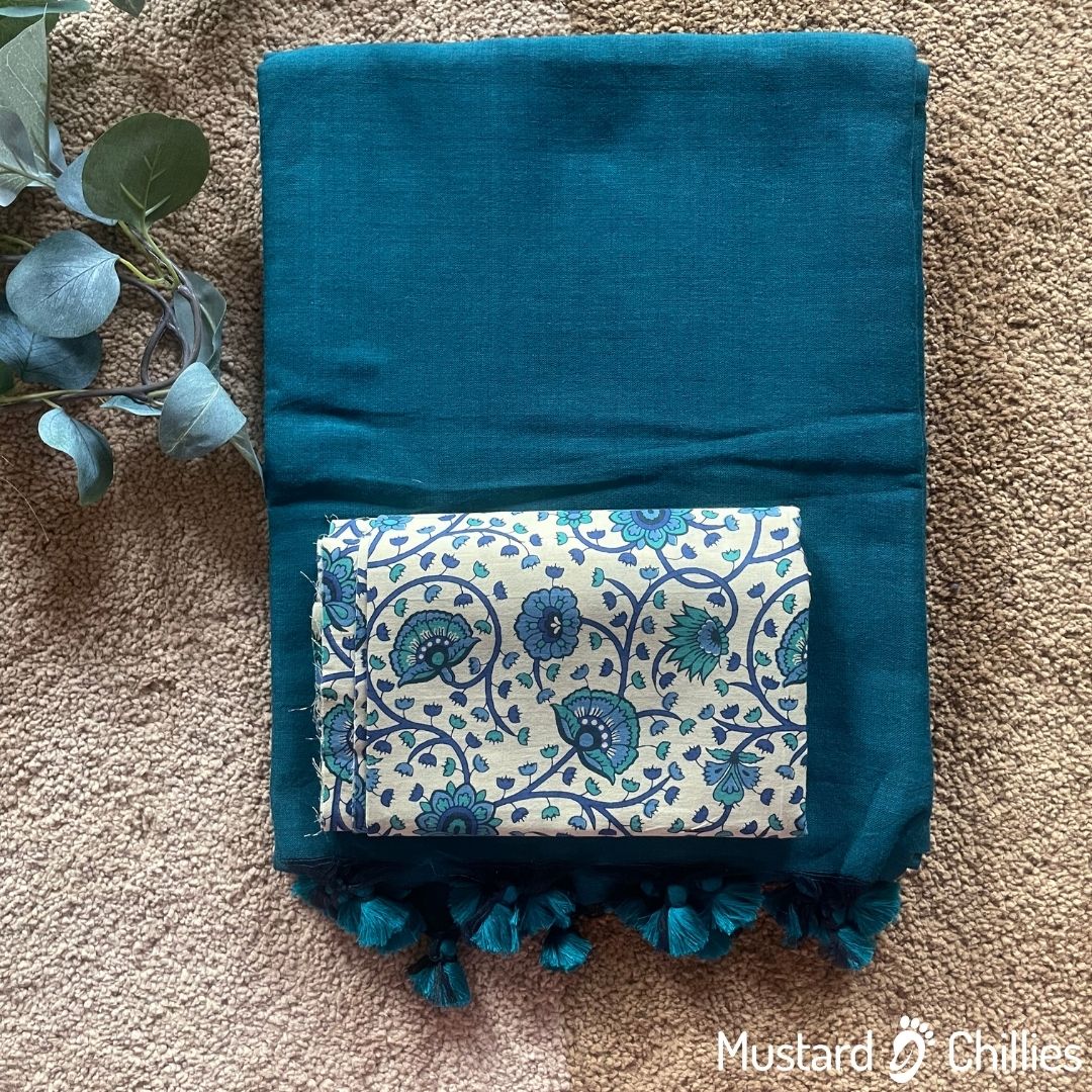 Cotton Mix Plain Saree (Teal Blue) and Printed Blouse Piece