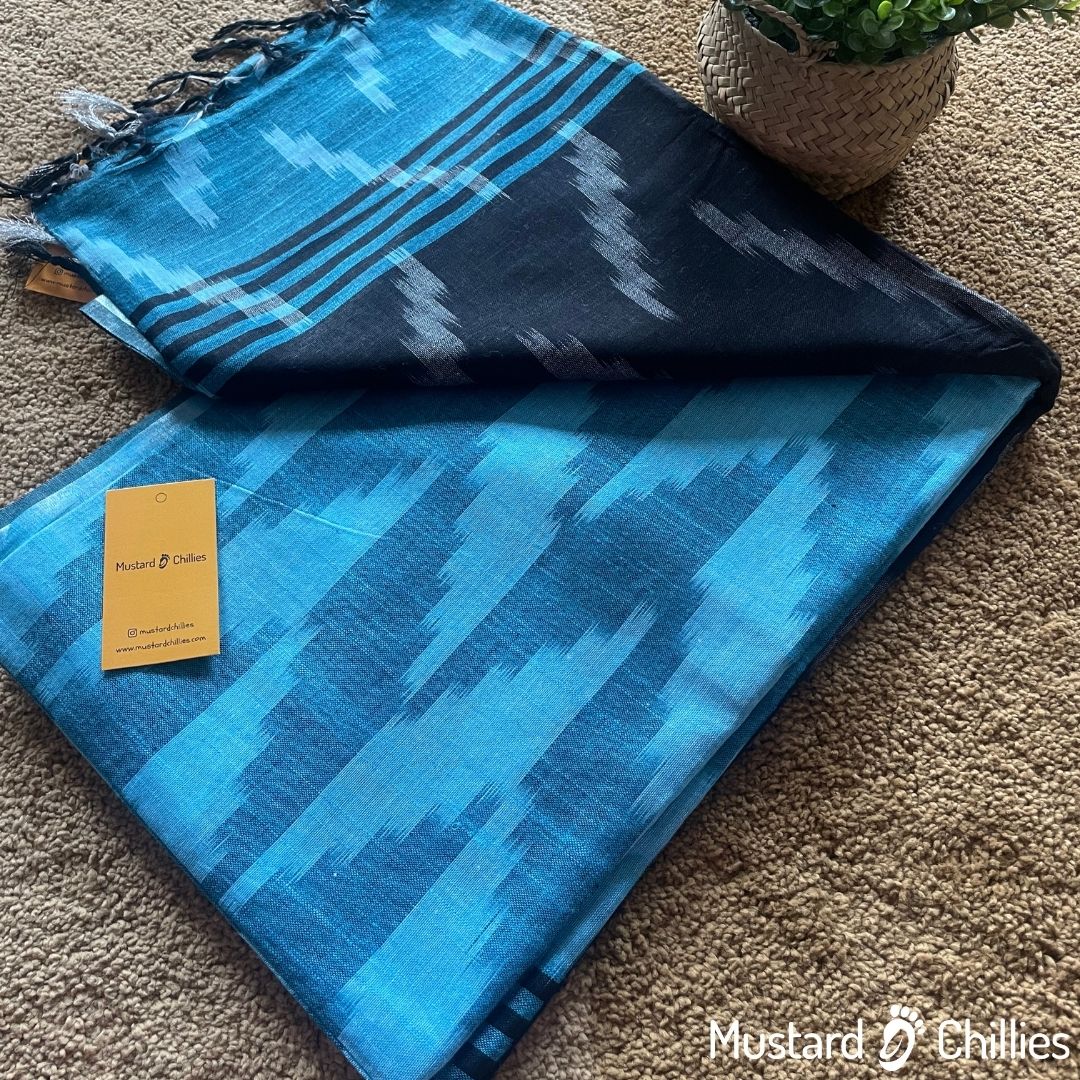 Linen Mix Ikkat Printed Saree (Black + Blue) and Blouse Piece