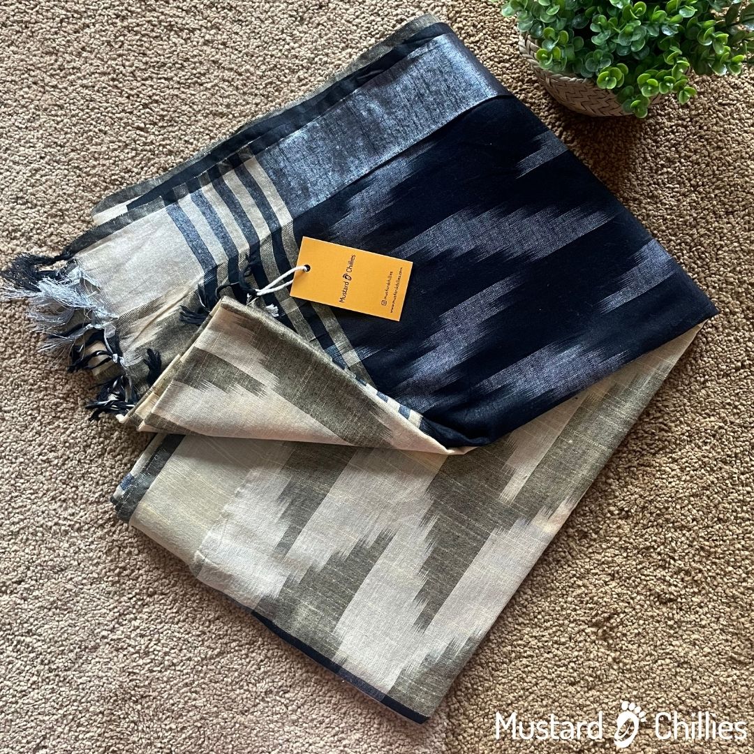 Linen Mix Ikkat Printed Saree (Black + Yellow) and Blouse Piece