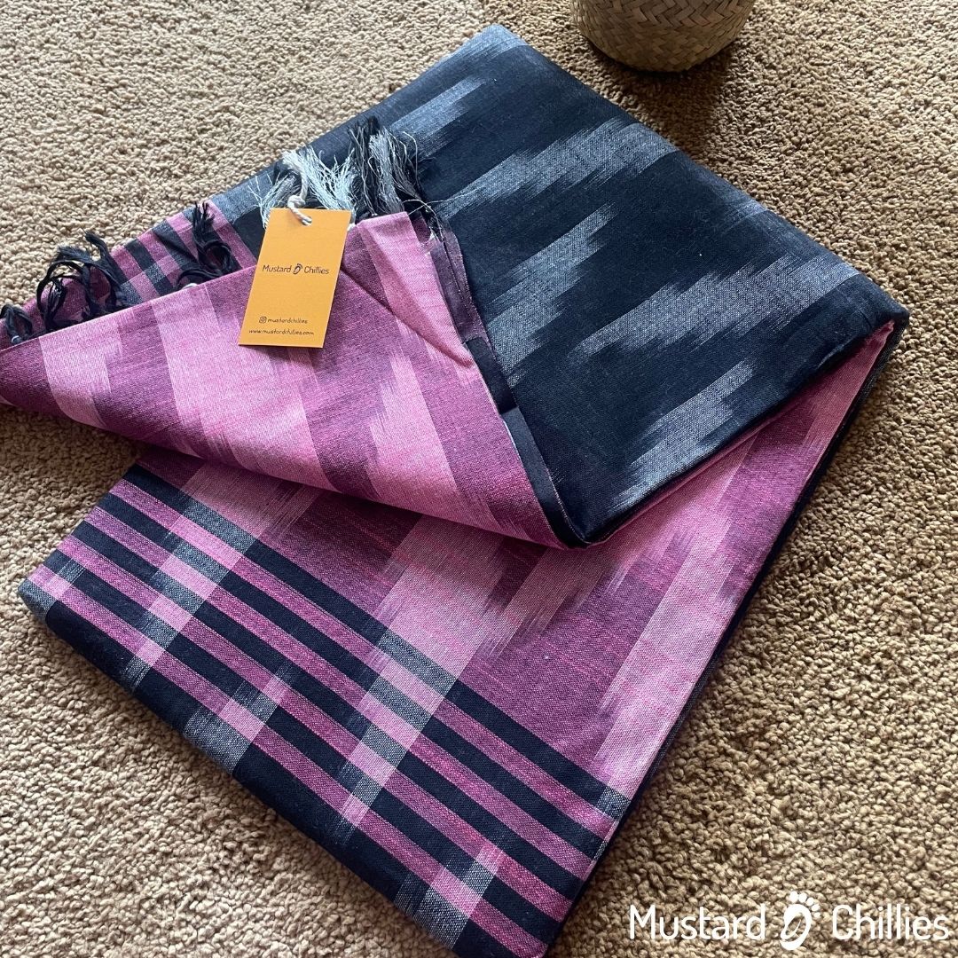 Linen Mix Ikkat Printed Saree (Black + Pink) and Blouse Piece